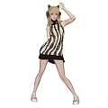 Woman Wearing Cat Ear Headband And Black White Striped Dress Raising Hand Against Dark Background