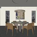 Elegant Circular Dining Table Set With Beige Chairs Pendant Light And Decorative Painting