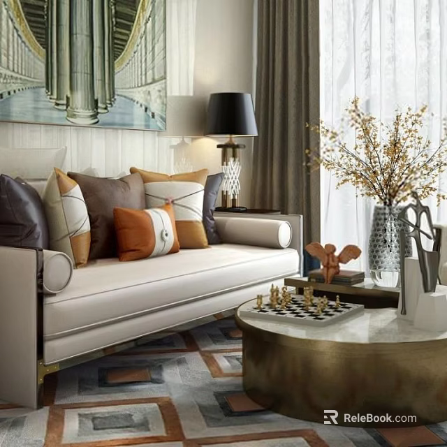 White Two Seater Sofa with Decorative Pillows Table Lamp and Round Coffee Table in Living Room 3d model 