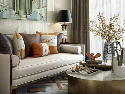 White Two Seater Sofa with Decorative Pillows Table Lamp and Round Coffee Table in Living Room 3d model