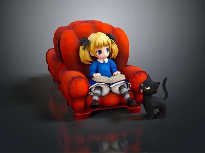Game Film Character Blonde Girl Reading Book On Red Armchair With Black Cat 3d model