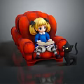 Game Film Character Blonde Girl Reading Book On Red Armchair With Black Cat