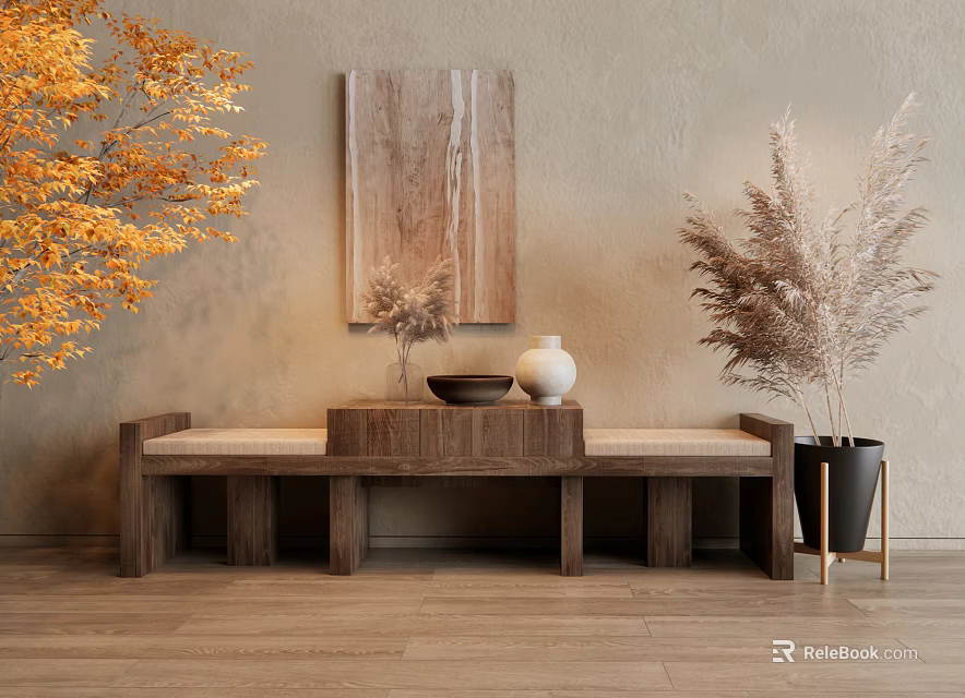 Wooden Bench Style TV Stand With Beige Wall Artwork Vases And Pampas Grass 3d model 