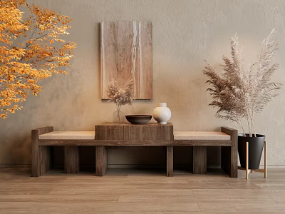Wooden Bench Style TV Stand With Beige Wall Artwork Vases And Pampas Grass 3d model