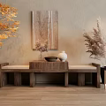 Wooden Bench Style TV Stand With Beige Wall Artwork Vases And Pampas Grass