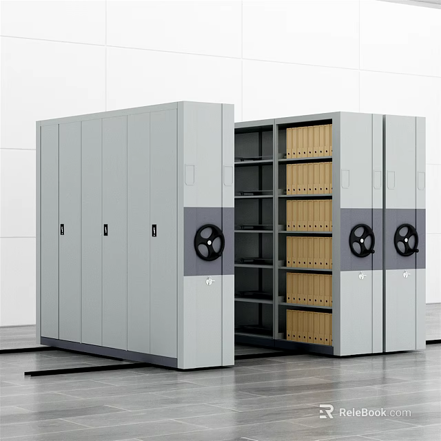 Gray Movable Bookcase With Wheels And Open Shelves Holding Brown File Folders 3d model 