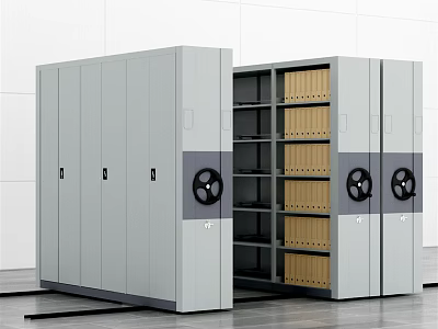 Gray Movable Bookcase With Wheels And Open Shelves Holding Brown File Folders 3d model