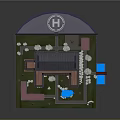 Cartoon Style Traditional Building Scene With Trees Blue Pool And Circular Logo