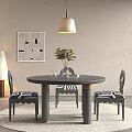 Round Black Dining Table Set With Patterned Chairs Vase Plant Lamp Artwork And Blinds 3d model