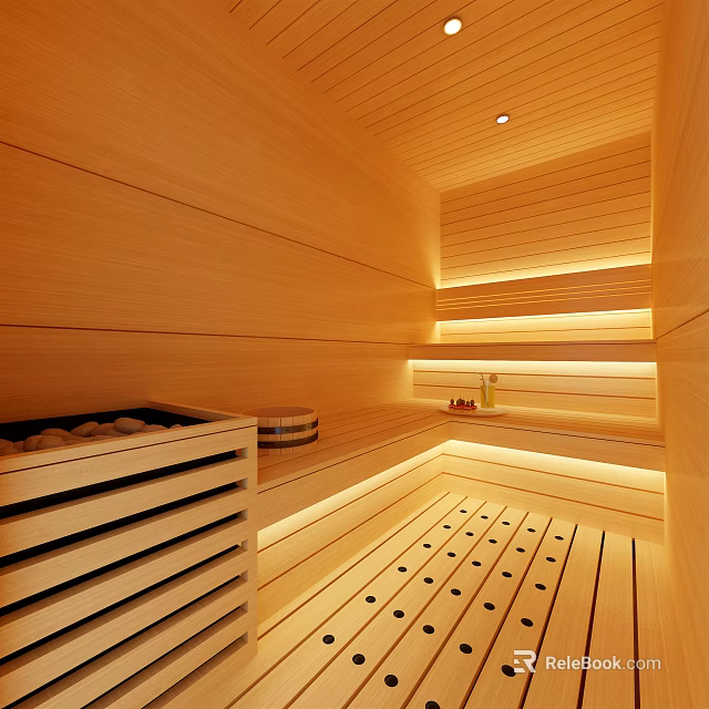Elegant Wooden Sauna Interior Design With Warm Lighting And Paneling 3d model 