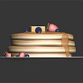 Stack of Fluffy Pancakes Topped with Butter Strawberries Blueberries and Syrup on White Plate