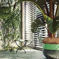 Potted Tropical Plants Decorating Stone Steps With Green Curtains And Window Blinds