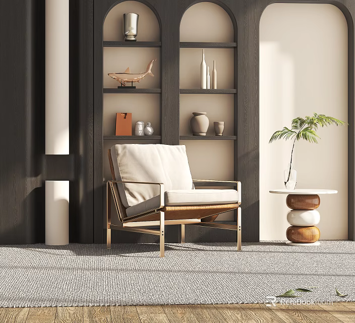 Modern Armchair With Wooden Frame Light Cushion In Room With Bookshelf Decor And Green Plant 3d model 