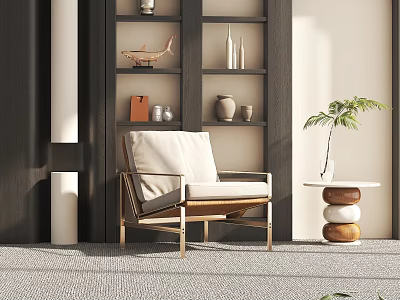 Modern Armchair With Wooden Frame Light Cushion In Room With Bookshelf Decor And Green Plant 3d model