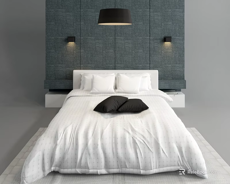 Double Bed in Modern Bedroom with Dark Gray Textured Wall White Bedspread and Black Pillows 3d model 