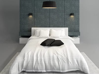 Double Bed in Modern Bedroom with Dark Gray Textured Wall White Bedspread and Black Pillows 3d model