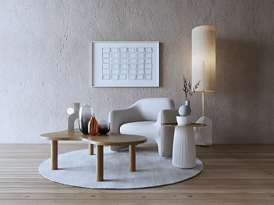 Modern White Lounge Chair With Wooden Coffee Table Round Rug Floor Lamp And Wall Art 3d model