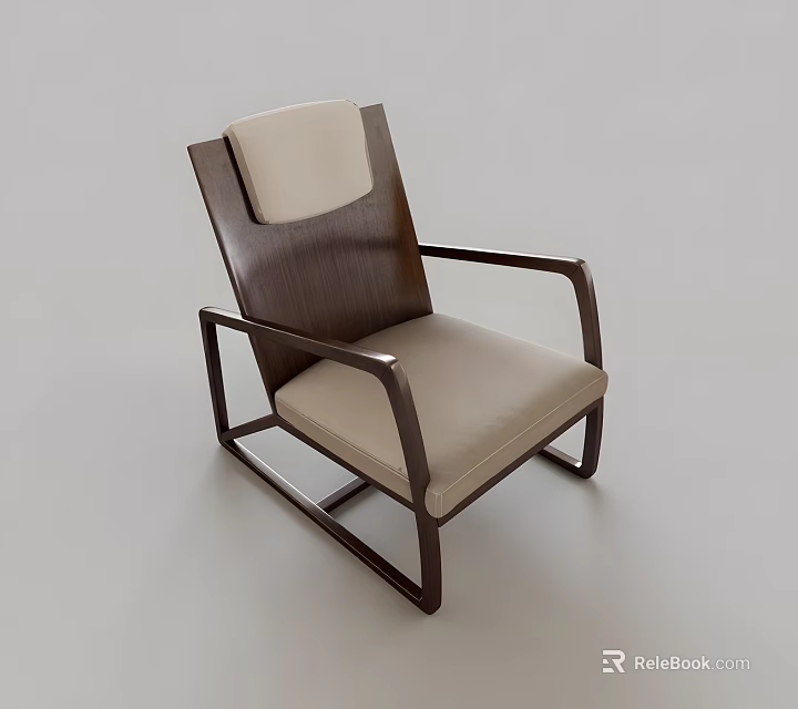 Sleek Modern Leisure Chair With Dark Wooden Frame And Light Beige Cushioned Seat Armrests 3d model 