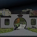 Chinese Style Courtyard Garden With Arched Gate Decorative Structure Green Plants And Stone Path