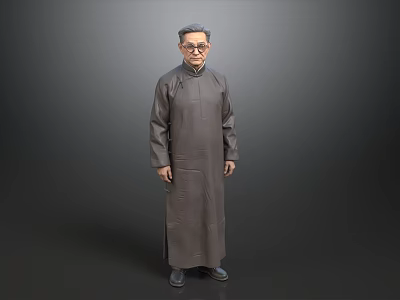 Full Length Portrait of Man in Traditional Gray Robe Standing Against Gray Background with Glasses 3d model