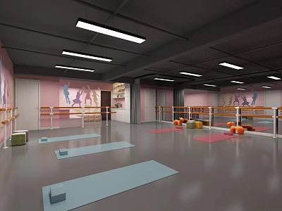 Spacious Indoor Fitness Studio With Yoga Mats Dumbbells Barre And Dancing Silhouettes 3d model