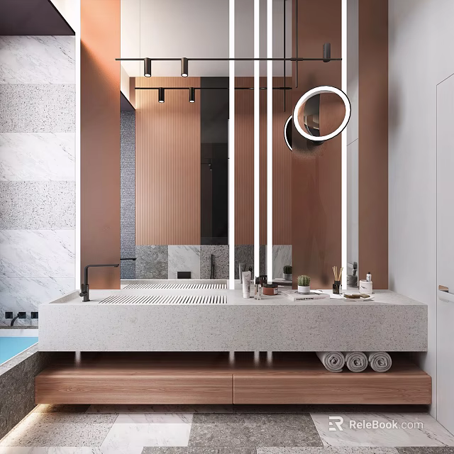 Modern Bathroom Interior With Marble Vanity Wooden Elements Round Mirror Lighting And Towels Toiletries 3d model 