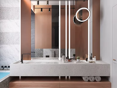 Modern Bathroom Interior With Marble Vanity Wooden Elements Round Mirror Lighting And Towels Toiletries 3d model