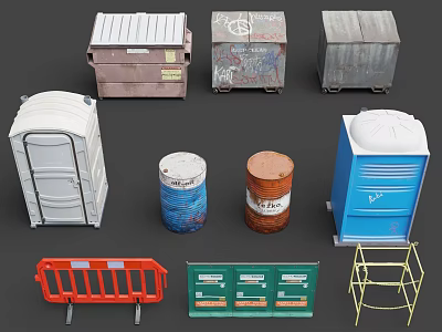 Urban Public Facilities Featuring Portable Toilets Trash Bins Safety Barriers and Storage Cabinets 3d model