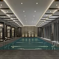 Luxurious Modern Indoor Swimming Pool With Lounge Chairs And Ceiling Lighting