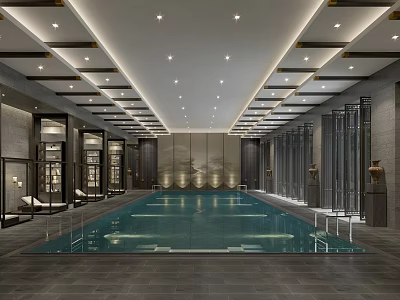 Luxurious Modern Indoor Swimming Pool With Lounge Chairs And Ceiling Lighting 3d model