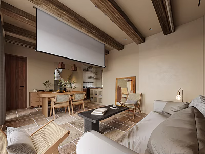 Cozy Open Living Dining Space With Wooden Beam Ceiling Projector Screen Sofa And Plants 3d model