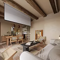 Cozy Open Living Dining Space With Wooden Beam Ceiling Projector Screen Sofa And Plants