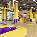Vibrant Basketball Gym With Yellow Purple Pillars Court Floor White Lines Hoops And Wall Murals
