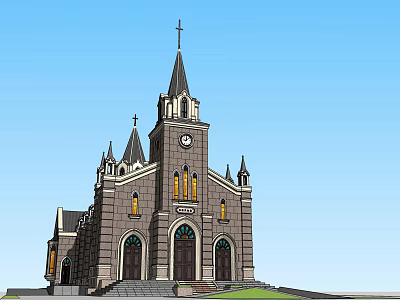 Sacred Church Building for Religious Faith with Cross Spire and Blue Sky 3d model