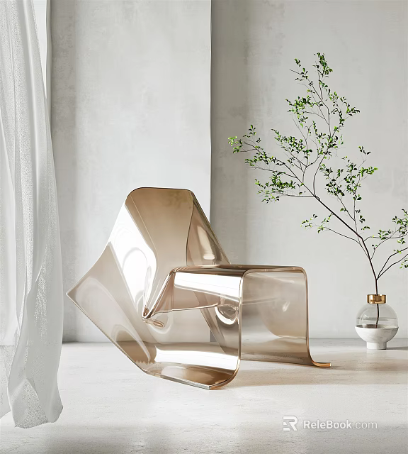 Modern Sleek Leisure Chair With Metallic Finish And Potted Plant In Minimalist Interior 3d model 