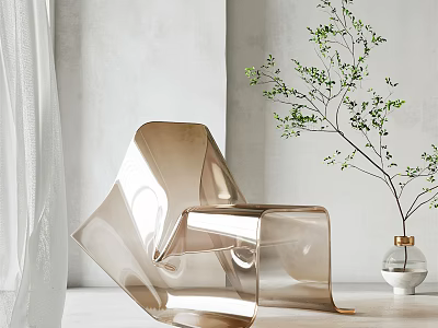 Modern Sleek Leisure Chair With Metallic Finish And Potted Plant In Minimalist Interior 3d model