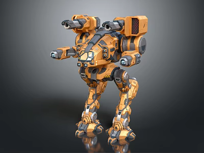 Orange Black Mechanical Robot With Weapon Arms Standing Pose Metallic Surface and Reflective Base 3d model