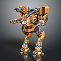 Orange Black Mechanical Robot With Weapon Arms Standing Pose Metallic Surface and Reflective Base 3d model