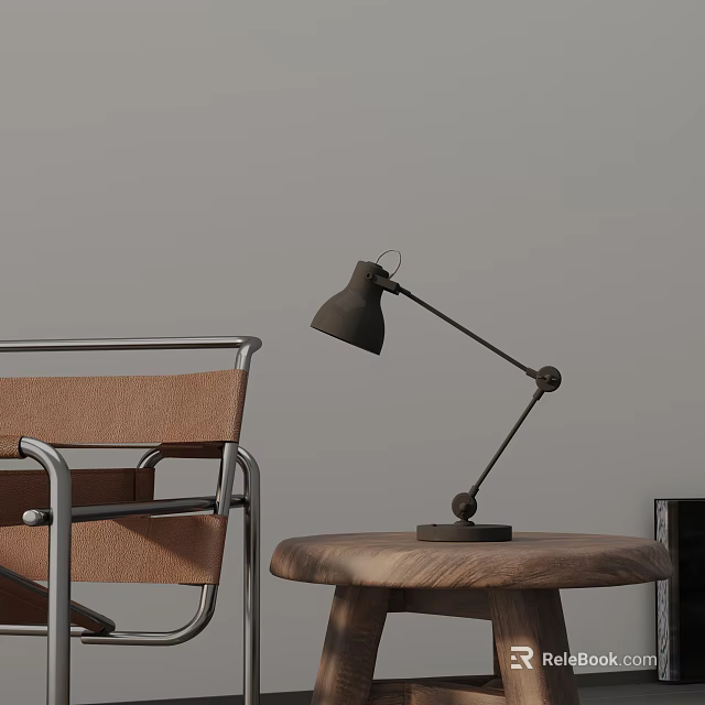 Stylish Adjustable Desk Lamp On Wooden Table With Brown Leather Metal Frame Chair 3d model 