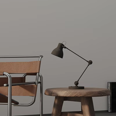 Stylish Adjustable Desk Lamp On Wooden Table With Brown Leather Metal Frame Chair 3d model