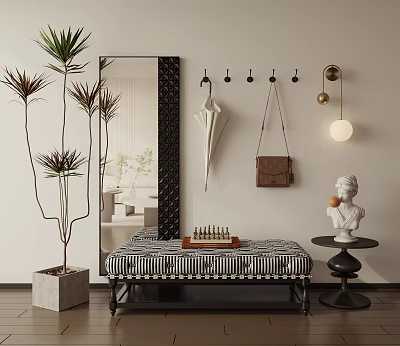 Modern Striped Bench in Interior with Chessboard Small Table Sculpture and Plant Mirror 3d model