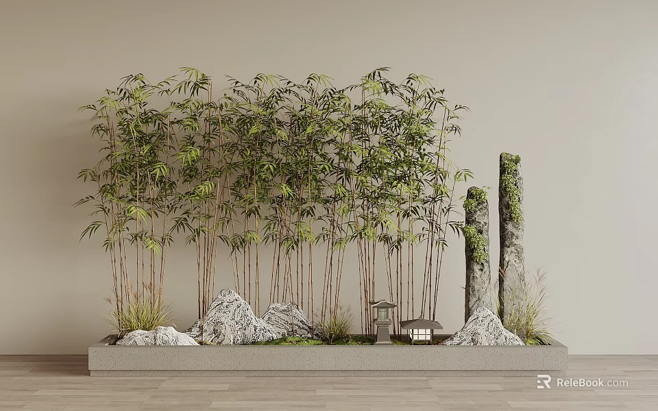 Lush Bamboo With Moss Covered Stone Pillars Natural Rocks And Small Lantern In Zen Landscape 3d model 