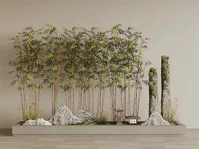 Lush Bamboo With Moss Covered Stone Pillars Natural Rocks And Small Lantern In Zen Landscape 3d model