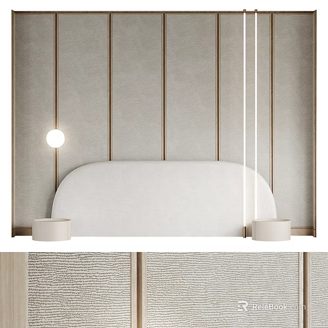Modern Bedroom Background Double Bed With Soft White Headboard Beige Wall Paneling And Round Light 3d model 