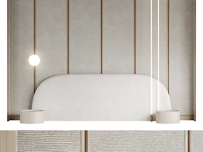 Modern Bedroom Background Double Bed With Soft White Headboard Beige Wall Paneling And Round Light 3d model