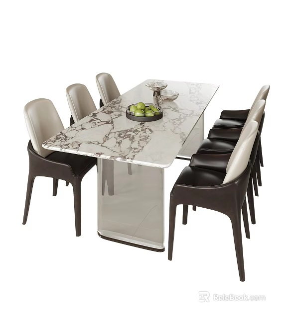 Modern Dining Table Set With Marble Tabletop Six Leather Chairs And Fruit Bowl 3d model