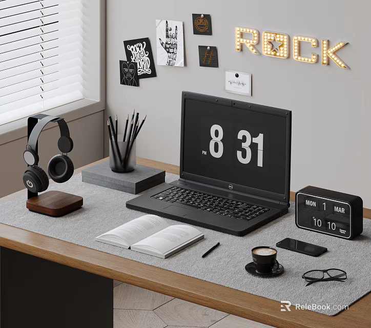 Modern Laptop Workspace Setup With Headphones Open Notebook Coffee Cup Smartphone And Clock 3d model 