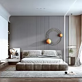 Modern Bedroom Interior With Gray Walls Circular Decor Plush Headboard And Nightstand Plants