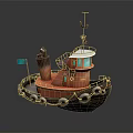 Cartoon Style Boat With Red Hull Chimney Staircase Small Cabin And Lifebuoys
