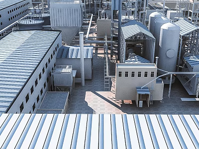 Industrial Factory Complex With Metal Roofs Pipes And Equipment Layout 3d model